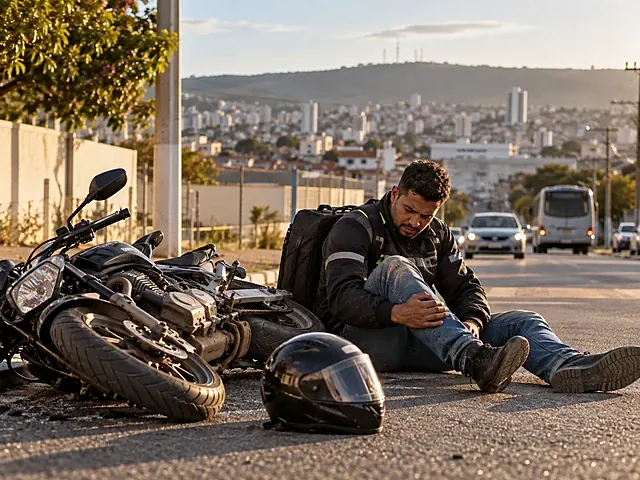 Motocicleta caída numa rua a caminho do trabalho no começo da manhã