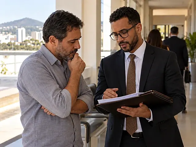 Empresário e advogado conversando antes da audiência trabalhista