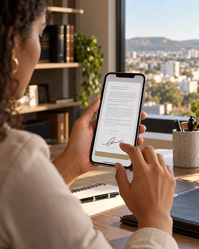Mão segurando o celular com a tela de assinatura digital de uma procuração