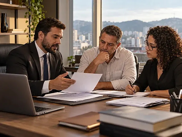 Dono de pequena empresa revisando documentos trabalhistas em reunião