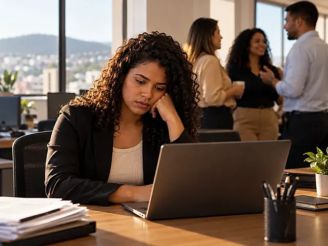 Trabalhadora sozinha na mesa enquanto colegas conversam ao fundo do escritório
