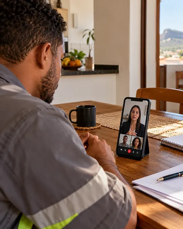 Trabalhador participando de audiência por vídeo pelo celular apoiado na mesa de casa