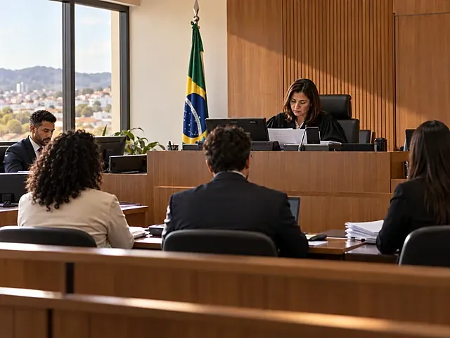 Sala de audiência da Vara do Trabalho com a mesa do juiz e as cadeiras das partes