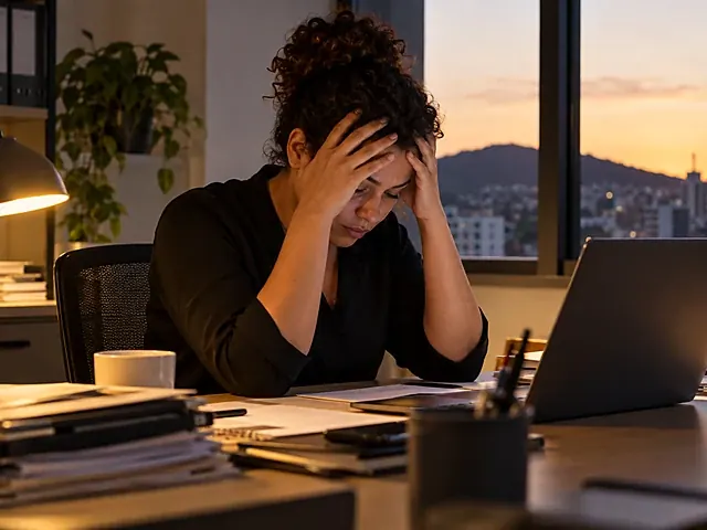 Trabalhador com a cabeça apoiada nas mãos diante do computador no fim do dia
