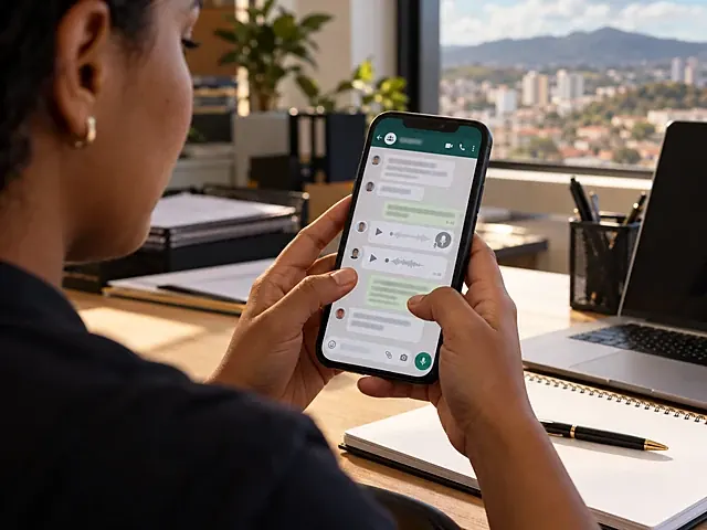 Celular mostrando conversas salvas e áudios de um grupo de trabalho