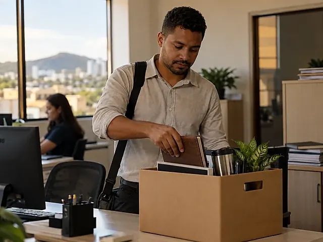 Trabalhador guardando os pertences em uma caixa no último dia de emprego