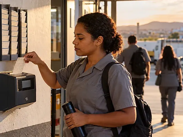 Cartão de ponto com horários de entrada e saída anotados