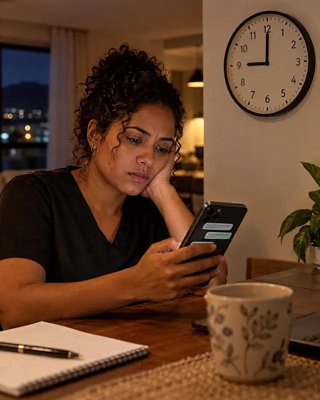 Relógio marcando 21 horas ao lado do celular com mensagens do chefe