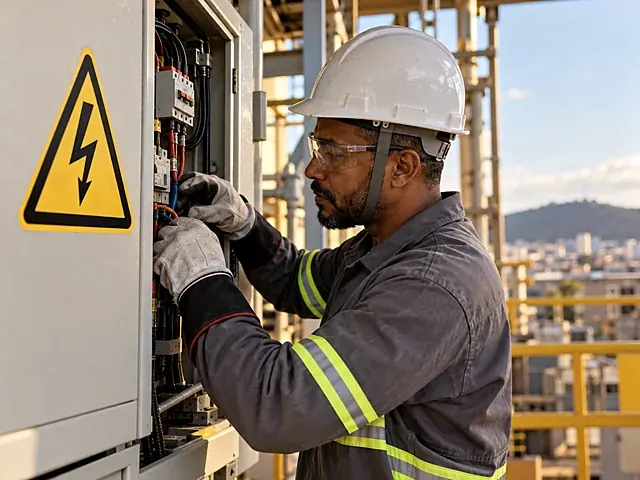 Placa de alerta de risco elétrico e luvas de proteção em um ambiente industrial