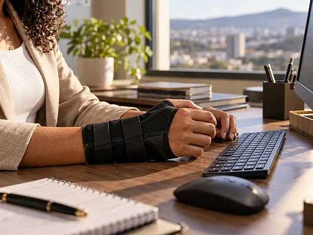 Mãos com tala de punho apoiadas ao lado do teclado do computador