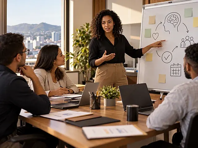 Reunião de equipe com quadro sobre saúde mental e organização do trabalho