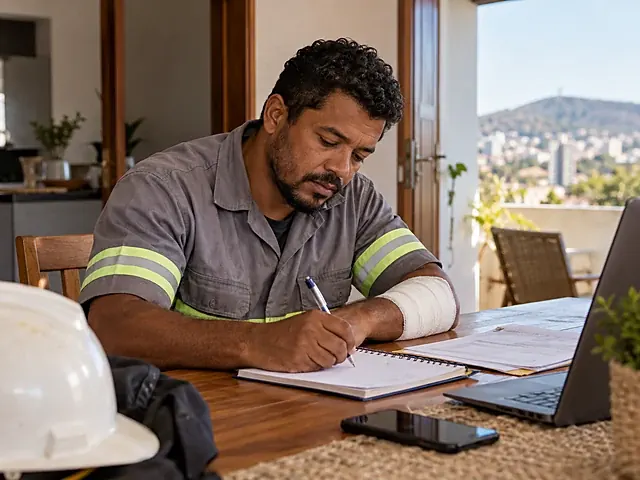 Trabalhador com o braço imobilizado segurando atestado médico
