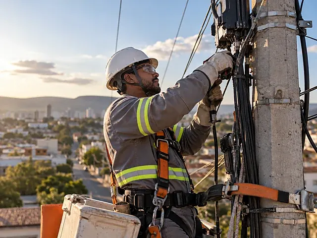 Eletricista com equipamento de proteção trabalhando num poste
