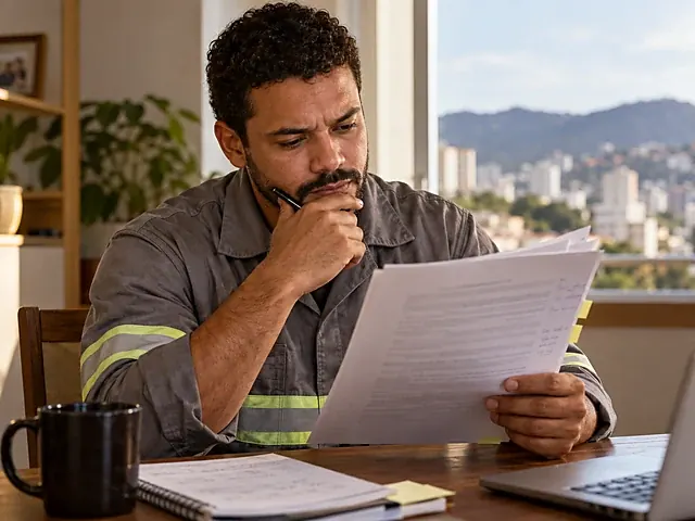 Trabalhador lendo uma petição trabalhista com dúvidas anotadas à margem