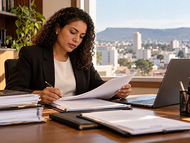 Representante da empresa revisando documentos antes da audiência