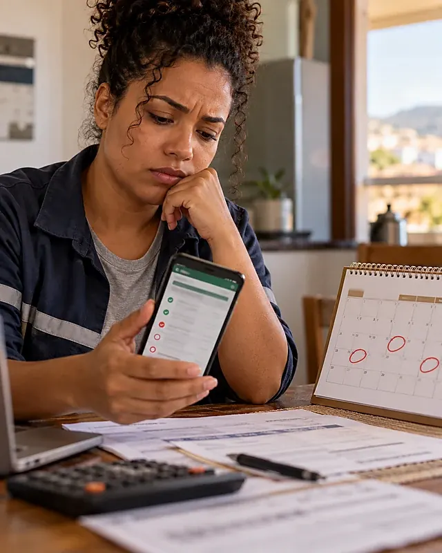 Extrato do FGTS com meses sem depósito ao lado de um calendário com o salário atrasado marcado