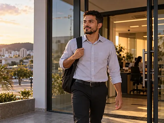 Trabalhador saindo da empresa pela porta de entrada no fim do expediente