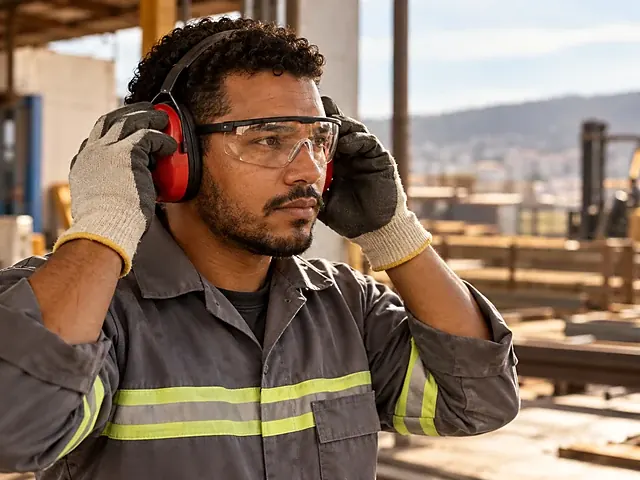 Luvas, protetor auricular e óculos de proteção usados no trabalho