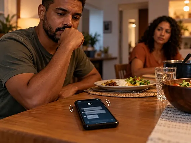 Celular vibrando sobre a mesa de jantar com mensagem do grupo do trabalho